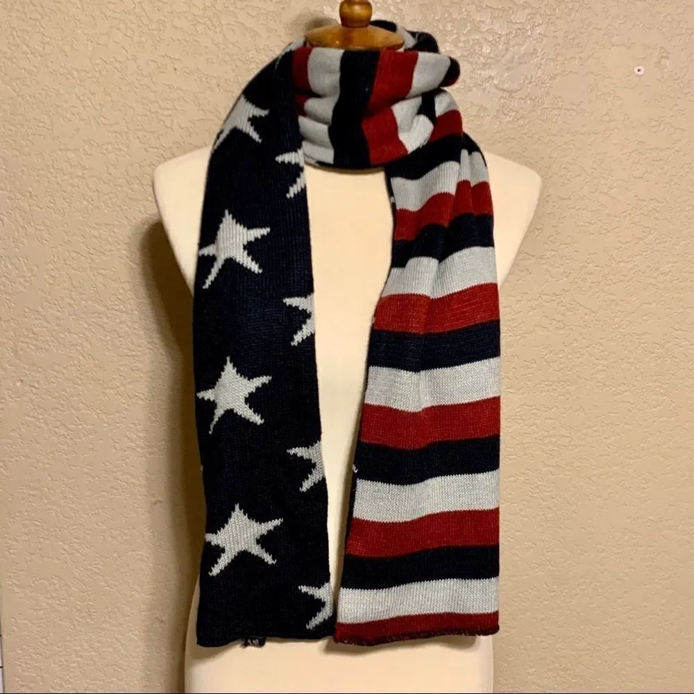 American Flag Reversible Knit Scarf Stars Stripes Double-Sided Patriotic OSFM